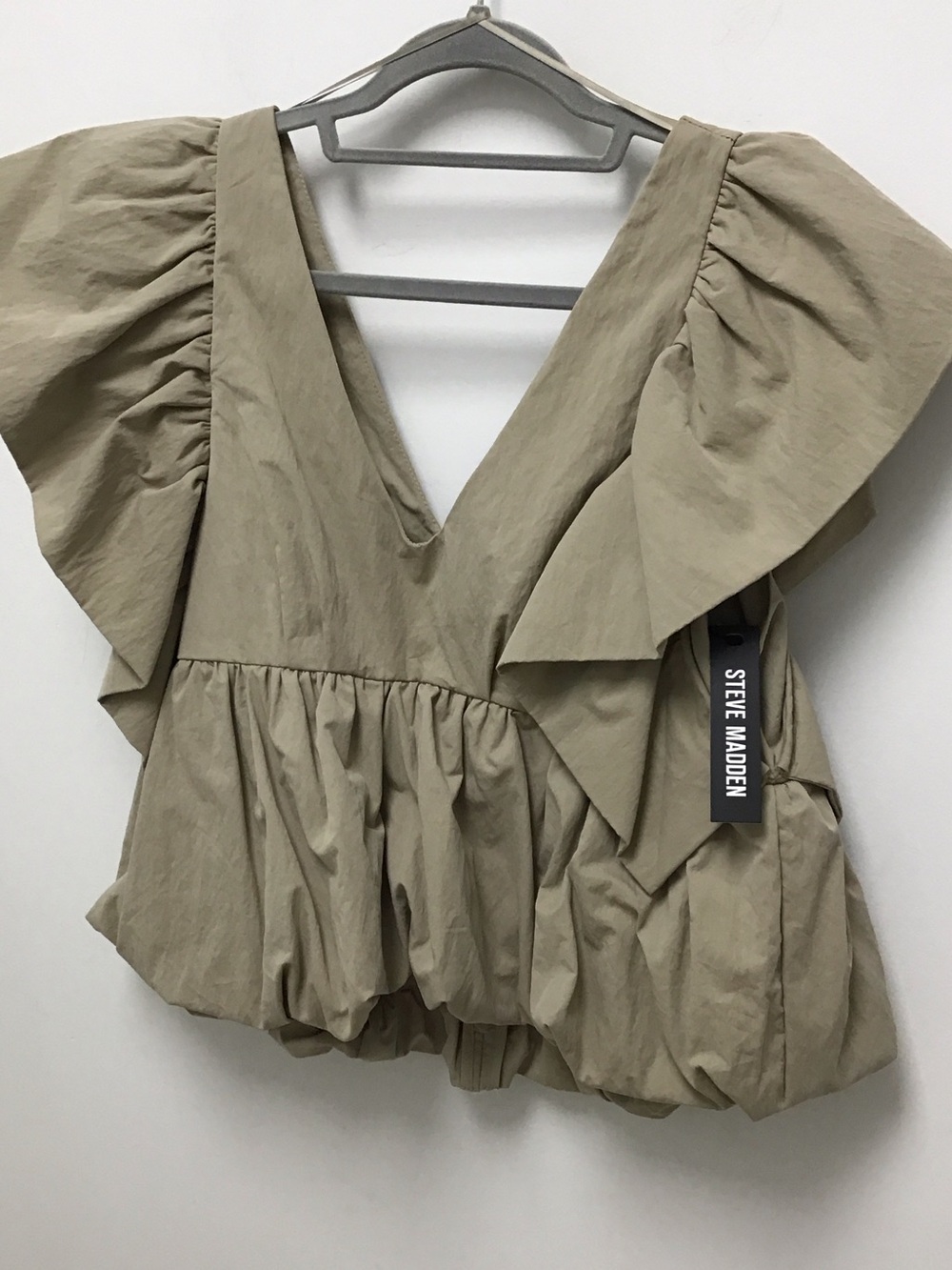 Steve Madden Saskya Taupe Ruffle V-Neck Peplum Blouse